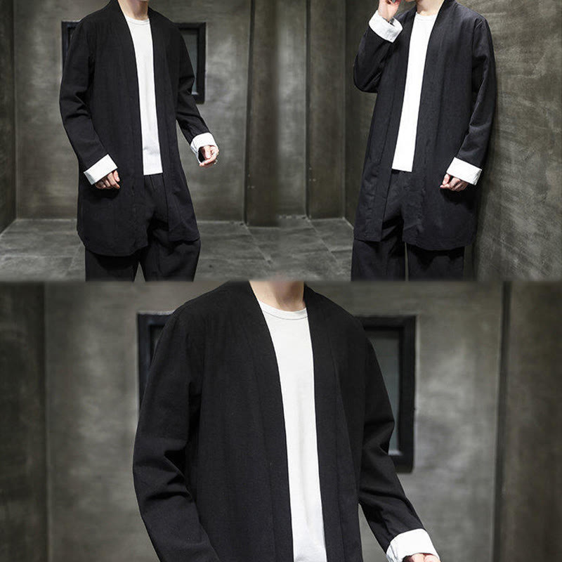 Buddha Stones Spring Long Sleeve Open Front Men's Cotton Linen Zen Jacket Kimono