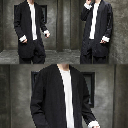 Buddha Stones Spring Long Sleeve Open Front Men's Cotton Linen Zen Jacket Kimono
