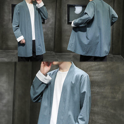 Buddha Stones Spring Long Sleeve Open Front Men's Cotton Linen Zen Jacket Kimono