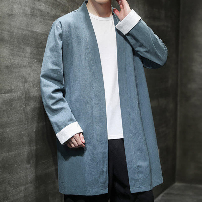 Buddha Stones Spring Long Sleeve Open Front Men's Cotton Linen Zen Jacket Kimono