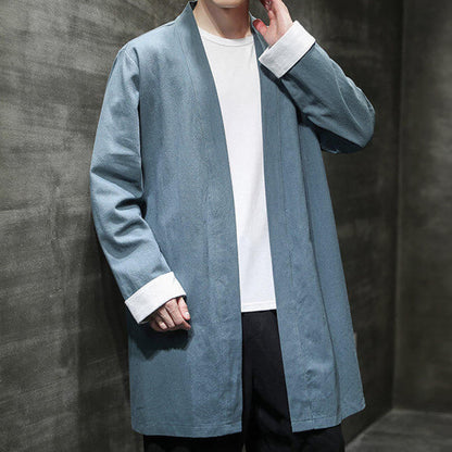 Buddha Stones Spring Long Sleeve Open Front Men's Cotton Linen Zen Jacket Kimono