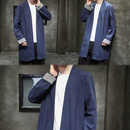 Buddha Stones Spring Long Sleeve Open Front Men's Cotton Linen Zen Jacket Kimono
