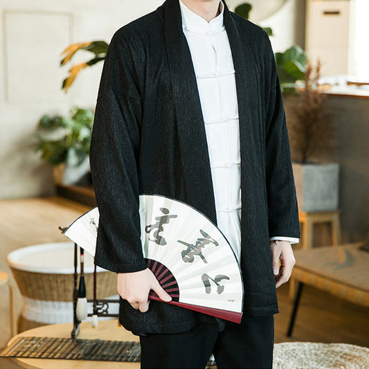 Buddha Stones Spring Pure Color Open Front Cotton Linen Men's Long Sleeve Jacket Kimono