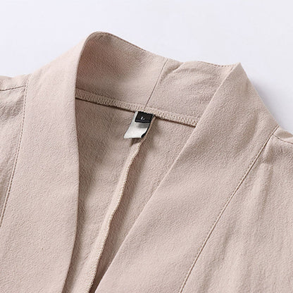 Buddha Stones Long Sleeve Buttons Design Men's Open Front Cotton Linen Jacket Kimono With Pockets