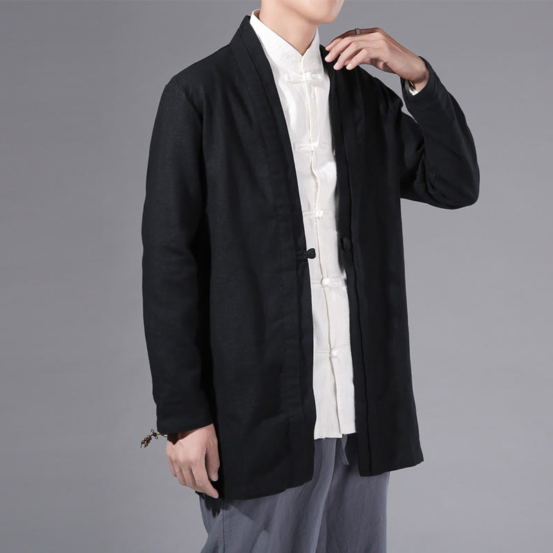 Buddha Stones Plain Simple Design Open Front Cotton Linen Men's Long Sleeve Jacket Kimono