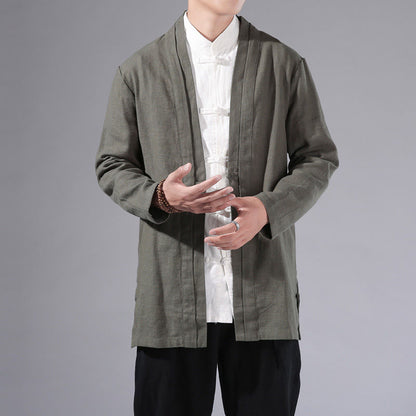 Buddha Stones Plain Simple Design Open Front Cotton Linen Men's Long Sleeve Jacket Kimono