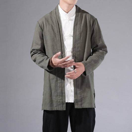 Buddha Stones Plain Simple Design Open Front Cotton Linen Men's Long Sleeve Jacket Kimono
