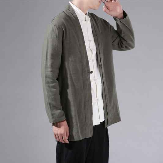 Buddha Stones Plain Simple Design Open Front Cotton Linen Men's Long Sleeve Jacket Kimono