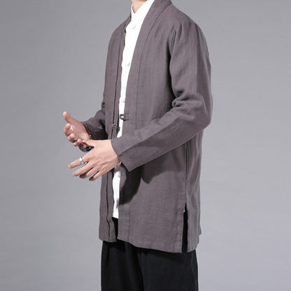 Buddha Stones Plain Simple Design Open Front Cotton Linen Men's Long Sleeve Jacket Kimono