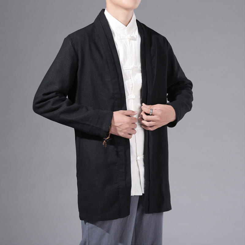 Buddha Stones Plain Simple Design Open Front Cotton Linen Men's Long Sleeve Jacket Kimono