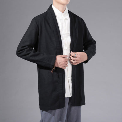 Buddha Stones Plain Simple Design Open Front Cotton Linen Men's Long Sleeve Jacket Kimono