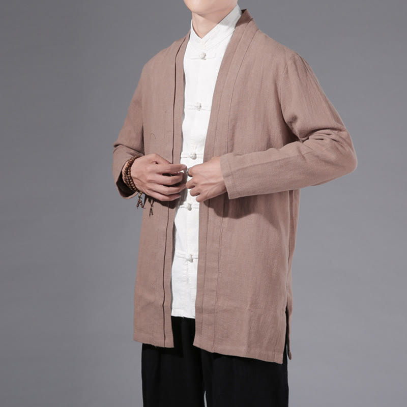 Buddha Stones Plain Simple Design Open Front Cotton Linen Men's Long Sleeve Jacket Kimono