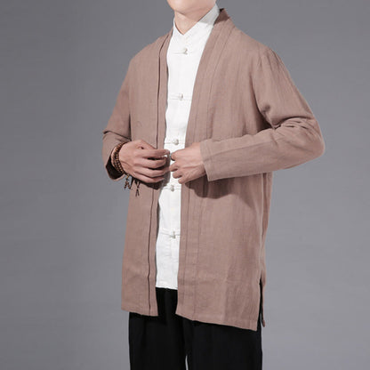 Buddha Stones Plain Simple Design Open Front Cotton Linen Men's Long Sleeve Jacket Kimono