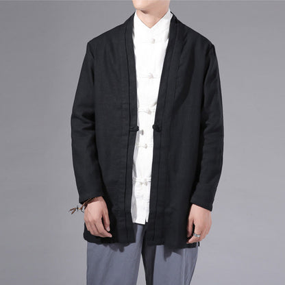 Buddha Stones Plain Simple Design Open Front Cotton Linen Men's Long Sleeve Jacket Kimono