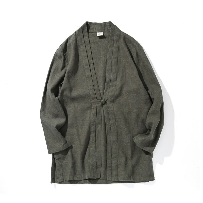 Buddha Stones Plain Simple Design Open Front Cotton Linen Men's Long Sleeve Jacket Kimono