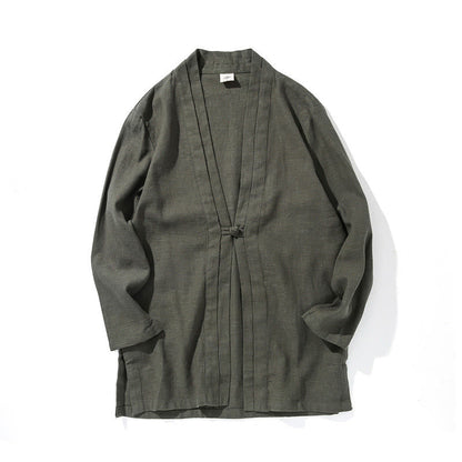 Buddha Stones Plain Simple Design Open Front Cotton Linen Men's Long Sleeve Jacket Kimono