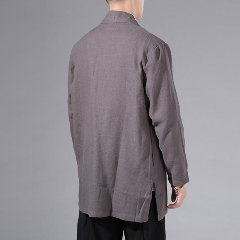 Buddha Stones Plain Simple Design Open Front Cotton Linen Men's Long Sleeve Jacket Kimono