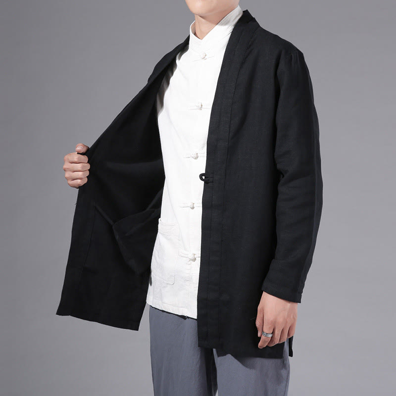 Buddha Stones Plain Simple Design Open Front Cotton Linen Men's Long Sleeve Jacket Kimono