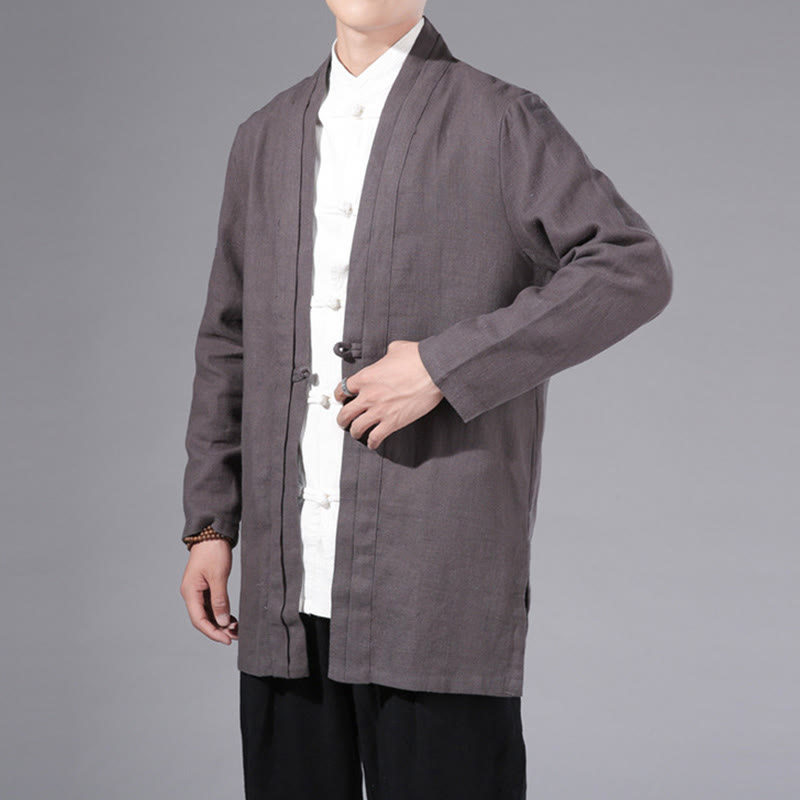Buddha Stones Plain Simple Design Open Front Cotton Linen Men's Long Sleeve Jacket Kimono