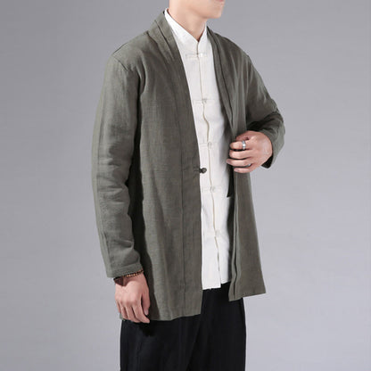 Buddha Stones Plain Simple Design Open Front Cotton Linen Men's Long Sleeve Jacket Kimono