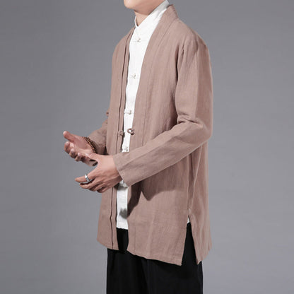 Buddha Stones Plain Simple Design Open Front Cotton Linen Men's Long Sleeve Jacket Kimono
