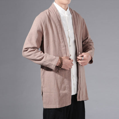 Buddha Stones Plain Simple Design Open Front Cotton Linen Men's Long Sleeve Jacket Kimono