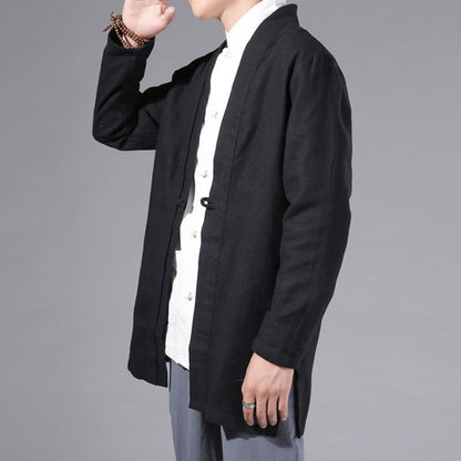 Buddha Stones Plain Simple Design Open Front Cotton Linen Men's Long Sleeve Jacket Kimono