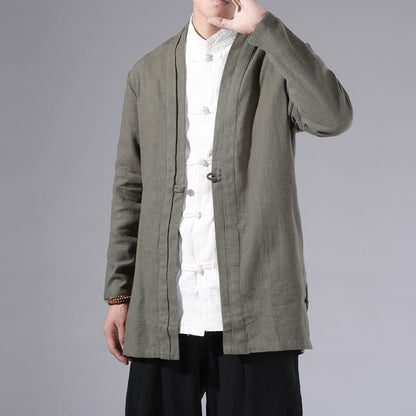Buddha Stones Plain Simple Design Open Front Cotton Linen Men's Long Sleeve Jacket Kimono