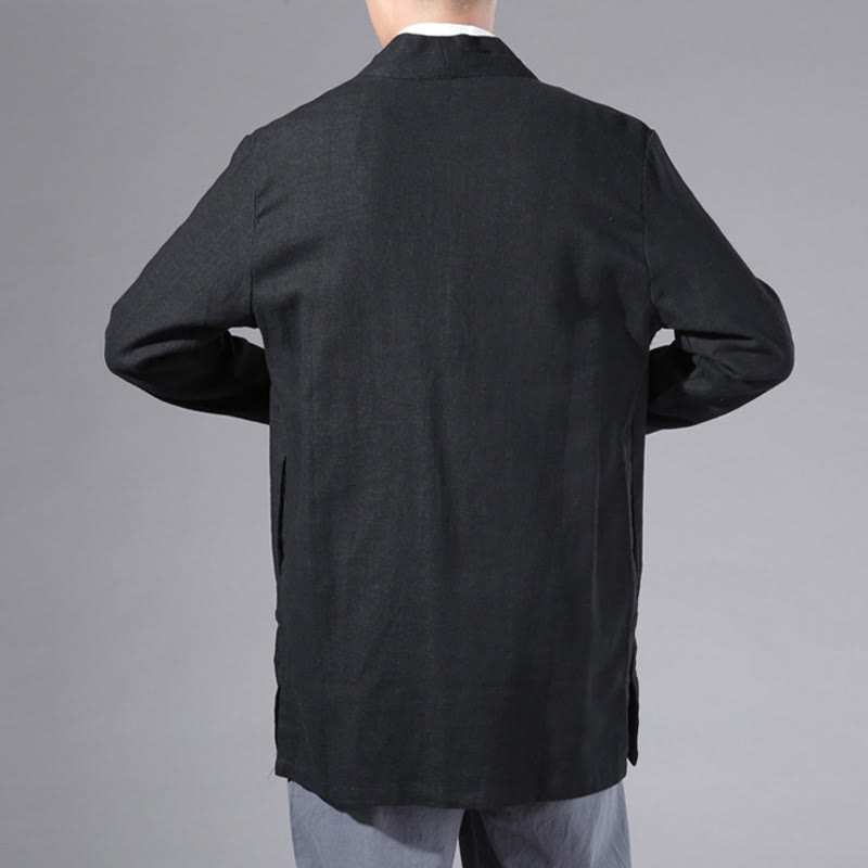 Buddha Stones Plain Simple Design Open Front Cotton Linen Men's Long Sleeve Jacket Kimono