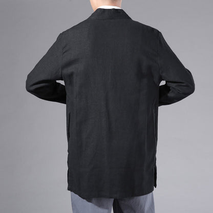 Buddha Stones Plain Simple Design Open Front Cotton Linen Men's Long Sleeve Jacket Kimono