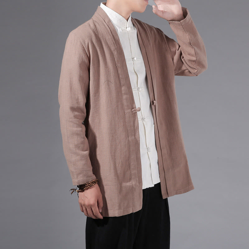Buddha Stones Plain Simple Design Open Front Cotton Linen Men's Long Sleeve Jacket Kimono