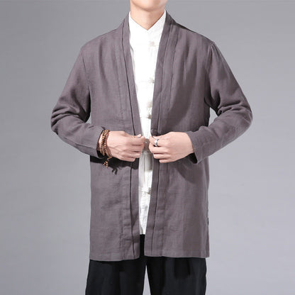 Buddha Stones Plain Simple Design Open Front Cotton Linen Men's Long Sleeve Jacket Kimono
