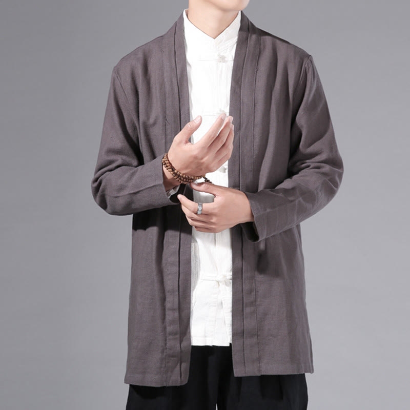 Buddha Stones Plain Simple Design Open Front Cotton Linen Men's Long Sleeve Jacket Kimono
