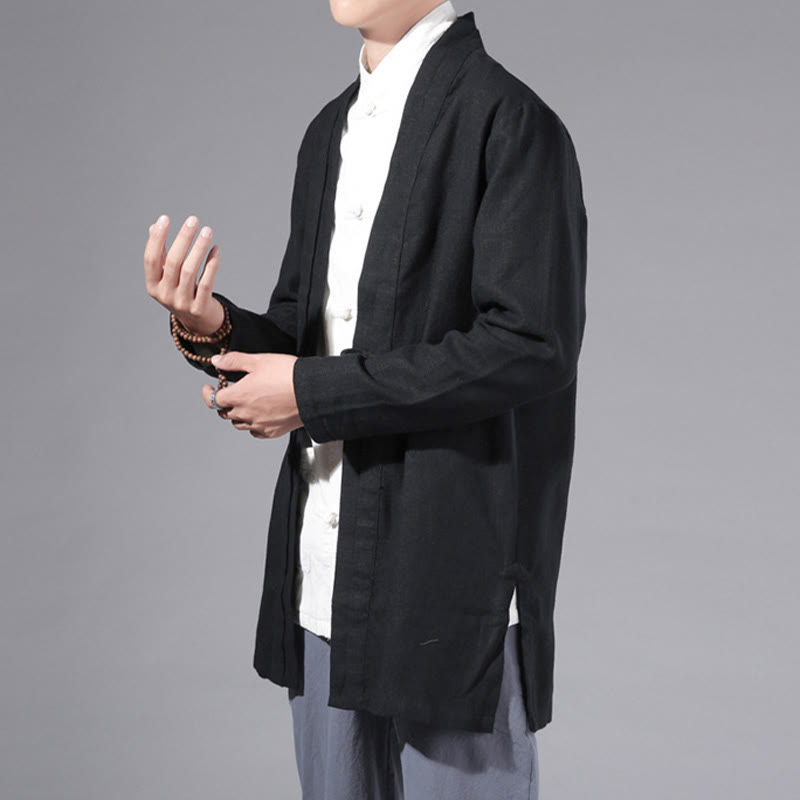 Buddha Stones Plain Simple Design Open Front Cotton Linen Men's Long Sleeve Jacket Kimono