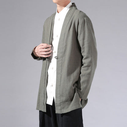 Buddha Stones Plain Simple Design Open Front Cotton Linen Men's Long Sleeve Jacket Kimono