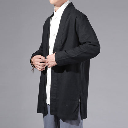 Buddha Stones Plain Simple Design Open Front Cotton Linen Men's Long Sleeve Jacket Kimono