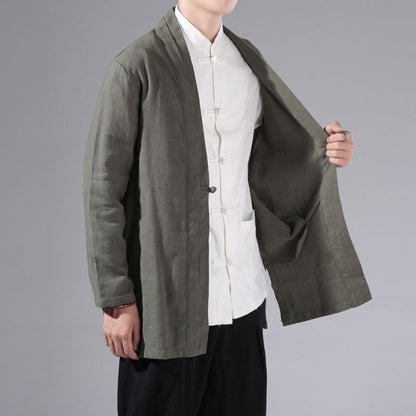 Buddha Stones Plain Simple Design Open Front Cotton Linen Men's Long Sleeve Jacket Kimono