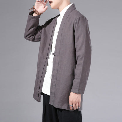 Buddha Stones Plain Simple Design Open Front Cotton Linen Men's Long Sleeve Jacket Kimono