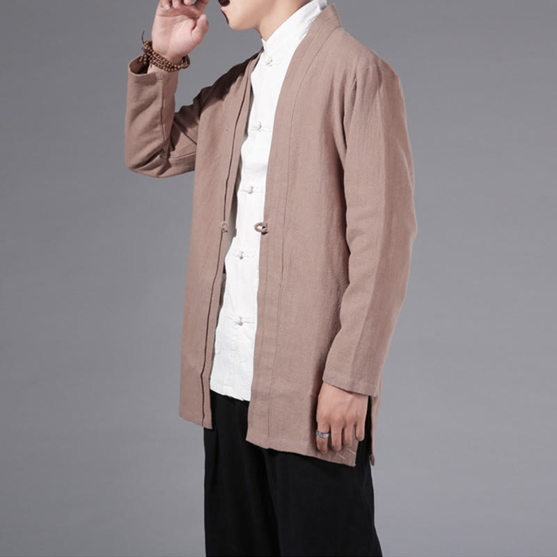 Buddha Stones Plain Simple Design Open Front Cotton Linen Men's Long Sleeve Jacket Kimono