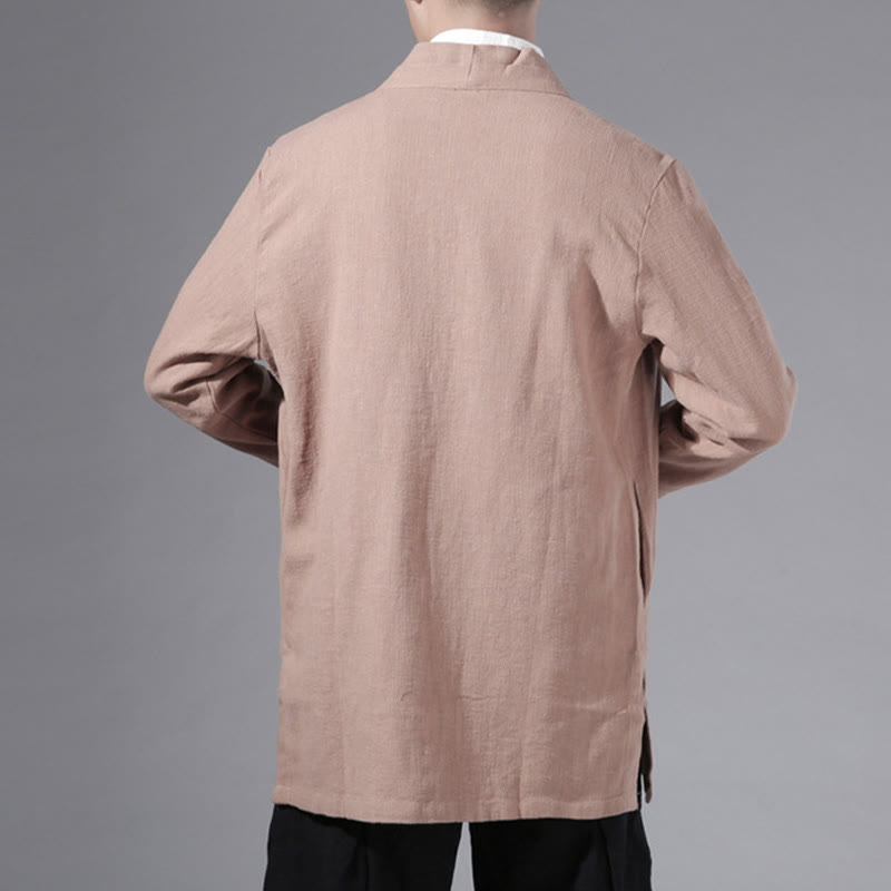 Buddha Stones Plain Simple Design Open Front Cotton Linen Men's Long Sleeve Jacket Kimono