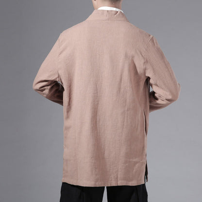 Buddha Stones Plain Simple Design Open Front Cotton Linen Men's Long Sleeve Jacket Kimono