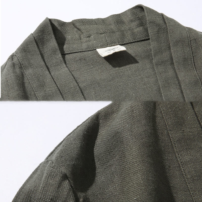 Buddha Stones Plain Simple Design Open Front Cotton Linen Men's Long Sleeve Jacket Kimono
