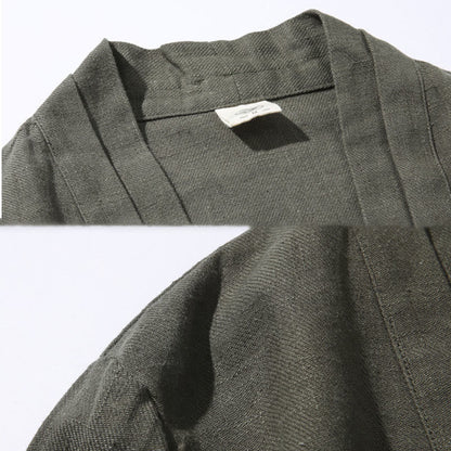 Buddha Stones Plain Simple Design Open Front Cotton Linen Men's Long Sleeve Jacket Kimono