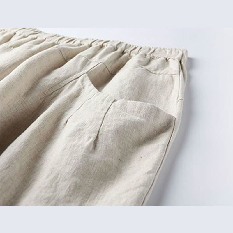 Buddha Stones Casual High Waist Design Women's Harem Cotton 7-8 Length Pants With Pockets