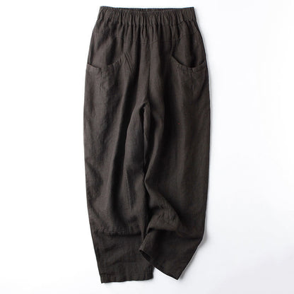 Buddha Stones Casual High Waist Design Women's Harem Cotton 7-8 Length Pants With Pockets