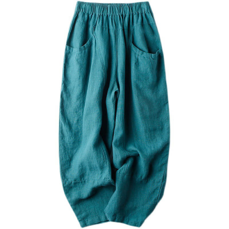Buddha Stones Casual High Waist Design Women's Harem Cotton 7-8 Length Pants With Pockets