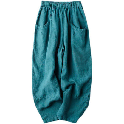 Buddha Stones Casual High Waist Design Women's Harem Cotton 7-8 Length Pants With Pockets