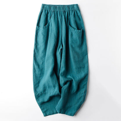 Buddha Stones Casual High Waist Design Women's Harem Cotton 7-8 Length Pants With Pockets