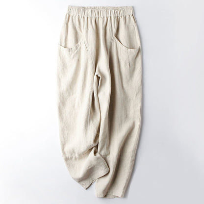 Buddha Stones Casual High Waist Design Women's Harem Cotton 7-8 Length Pants With Pockets