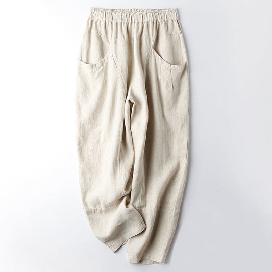 Buddha Stones Casual High Waist Design Women's Harem Cotton 7-8 Length Pants With Pockets